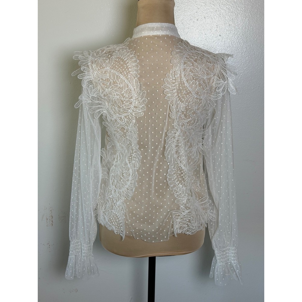 Women's White Sheer Lace Swiss Dot Blouse Small Romantic Victorian bride bridal - Picture 3 of 12